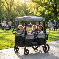 4‑Seater Stroller Wagon, Premium Quad Stroller Wagon for 4 Kids with Convertible Seats, Push‑Pull Handles, Removable Canopy & Flat Fold, Grey